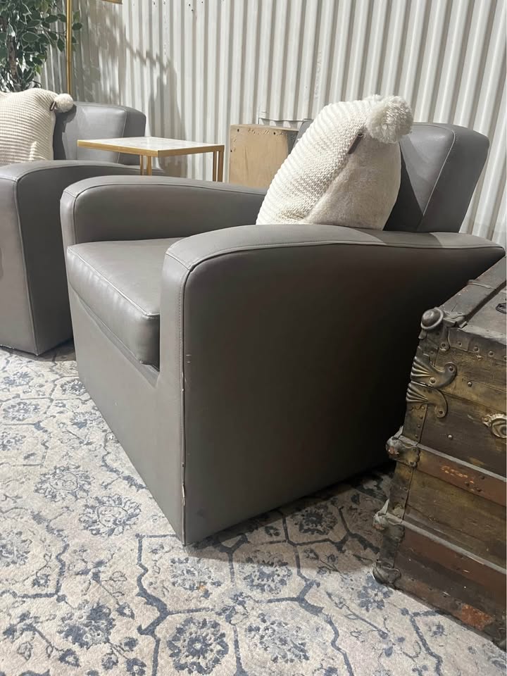 Room & Board Gray Leather Club Swivel Chairs