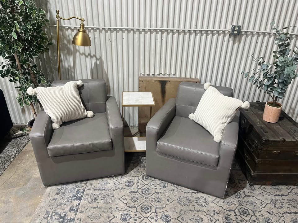 Room & Board Gray Leather Club Swivel Chairs
