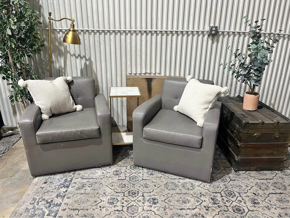 Room & Board Gray Leather Club Swivel Chairs