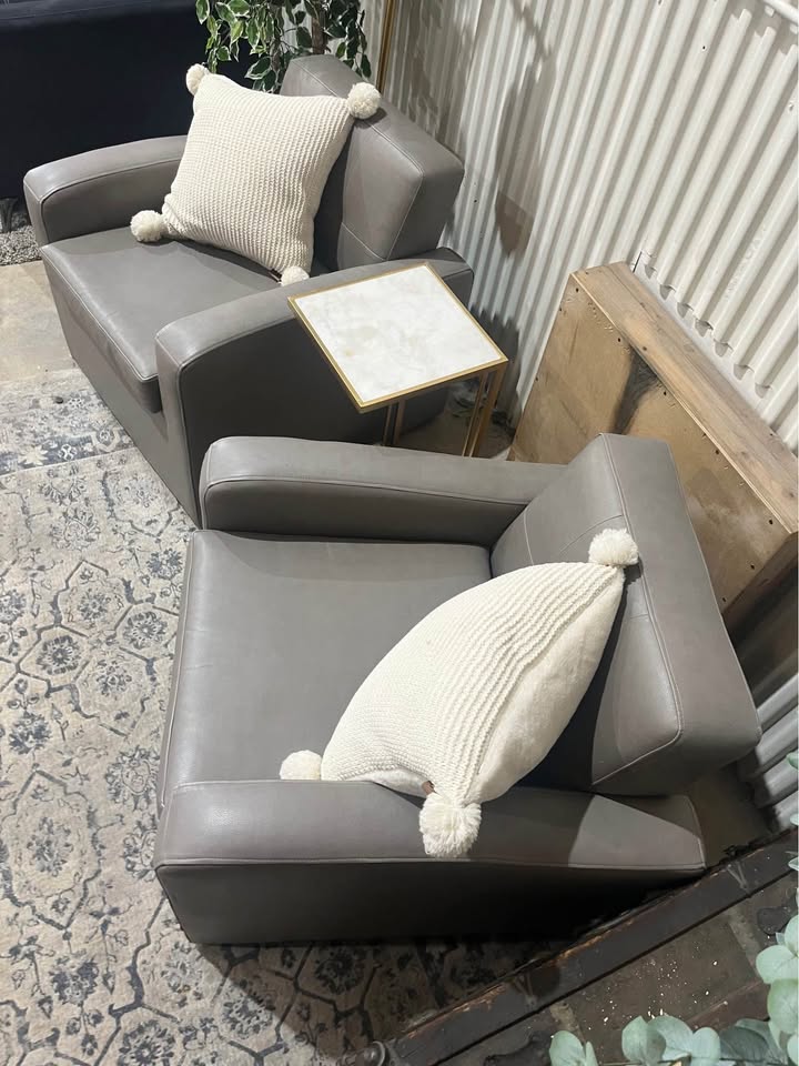 Room & Board Gray Leather Club Swivel Chairs