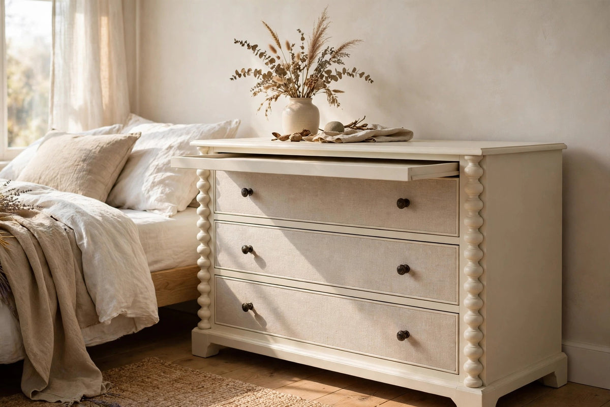 New Gabby Home Jennifer Chest in Antique Chalk White — 3-Drawer Linen-Front Dresser with Pull-Out Shelf — Delivery Available