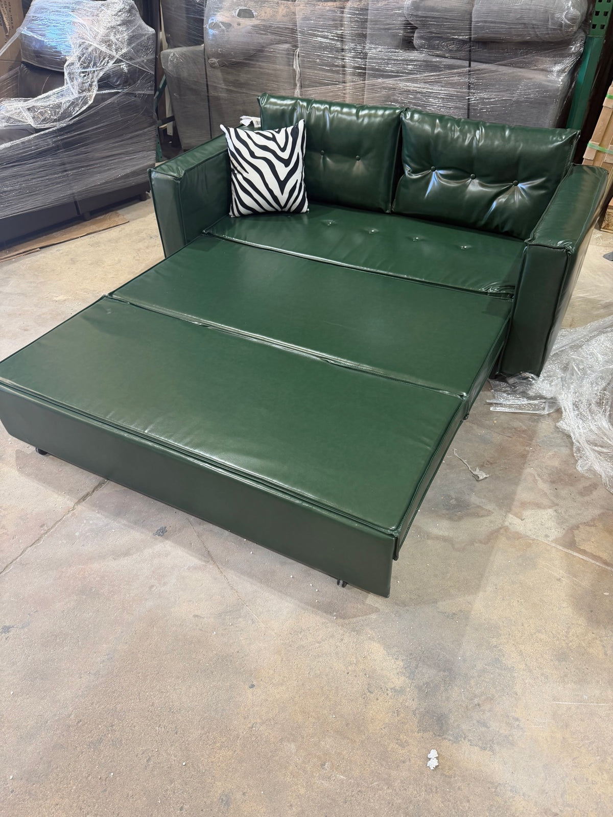Dark Green Leather-Look Sleeper Loveseat – Pull-Out Bed + Storage – Delivery Available