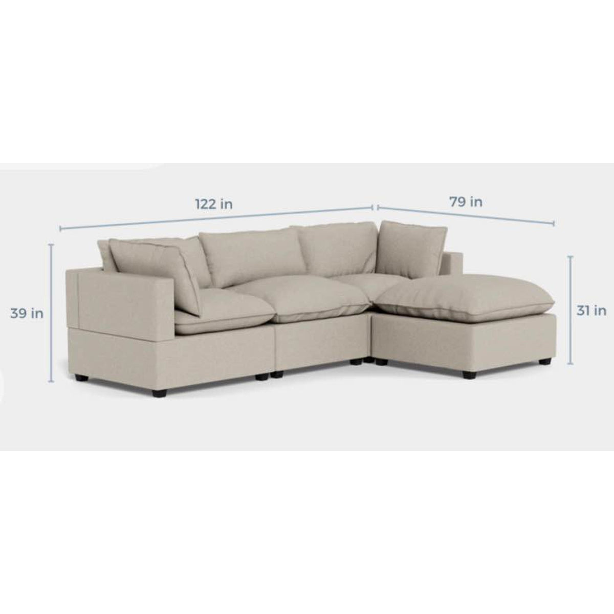 Albany Park Kova Pillow Cushion L-Shape Sectional Sofa | Oatmeal Performance Chenille | 122”