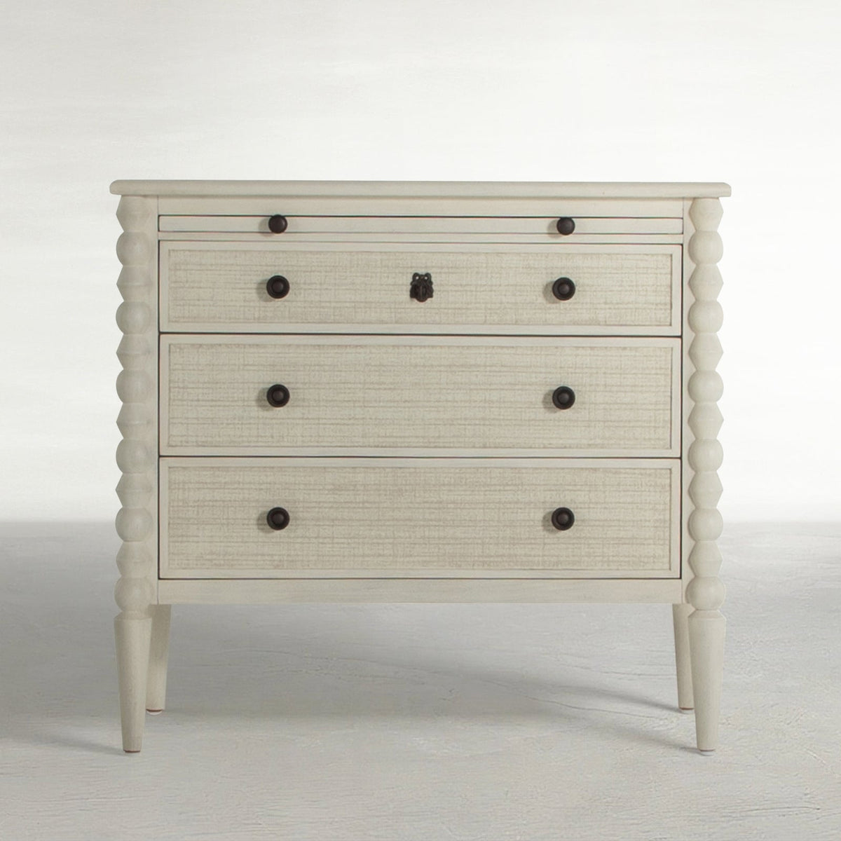New Gabby Home Jennifer Chest in Antique Chalk White — 3-Drawer Linen-Front Dresser with Pull-Out Shelf — Delivery Available