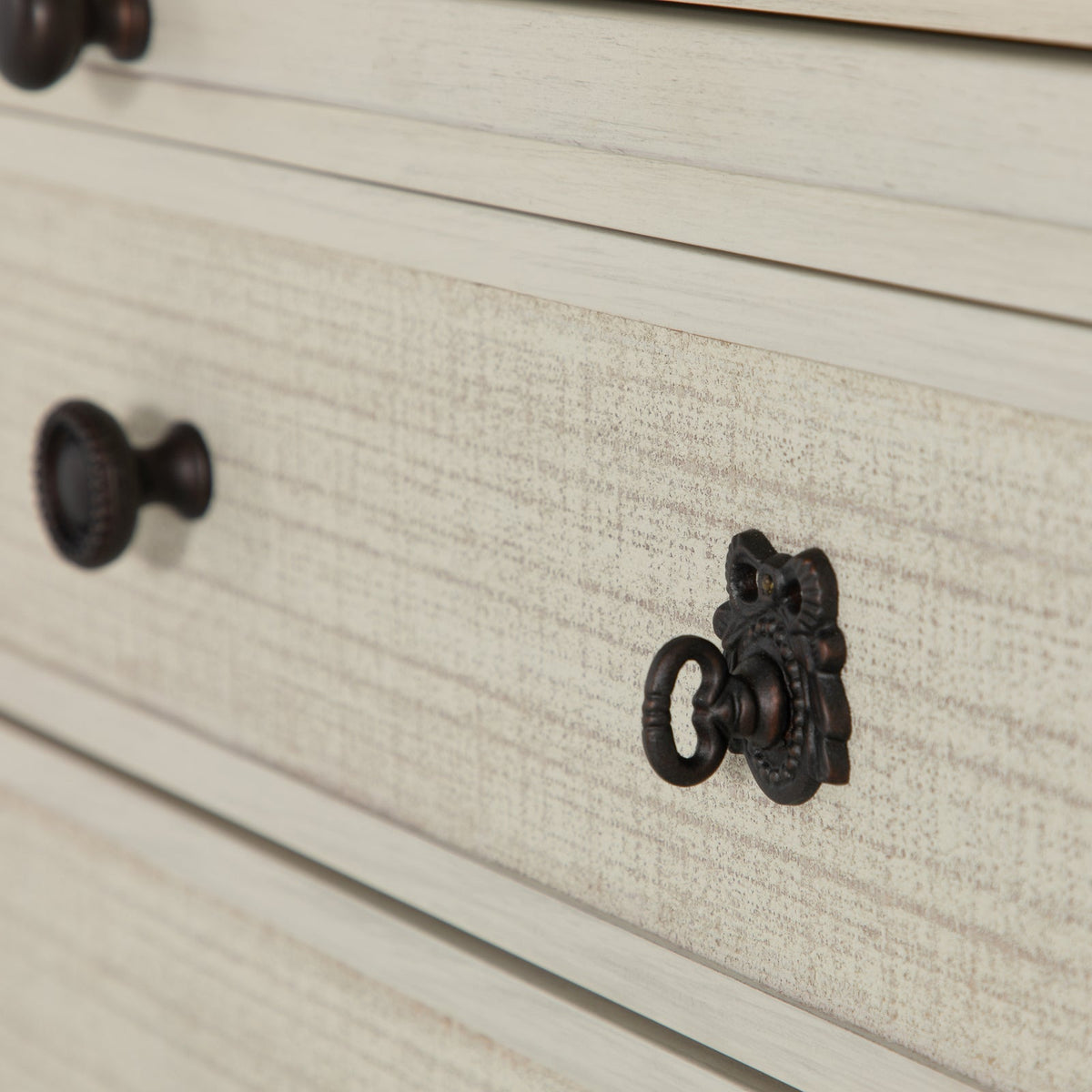 New Gabby Home Jennifer Chest in Antique Chalk White — 3-Drawer Linen-Front Dresser with Pull-Out Shelf — Delivery Available