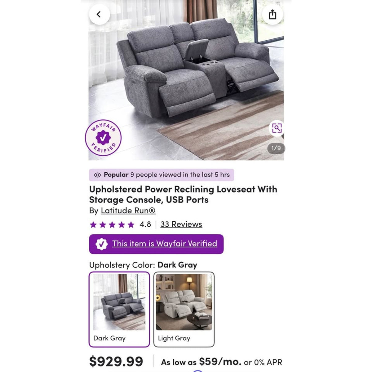 Gray Power Reclining Loveseat w/ Console – RETAIL $995 | NEW OPEN BOX | DELIVERY AVAILABLE