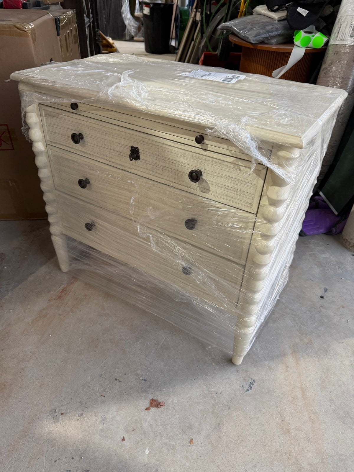 New Gabby Home Jennifer Chest in Antique Chalk White — 3-Drawer Linen-Front Dresser with Pull-Out Shelf — Delivery Available