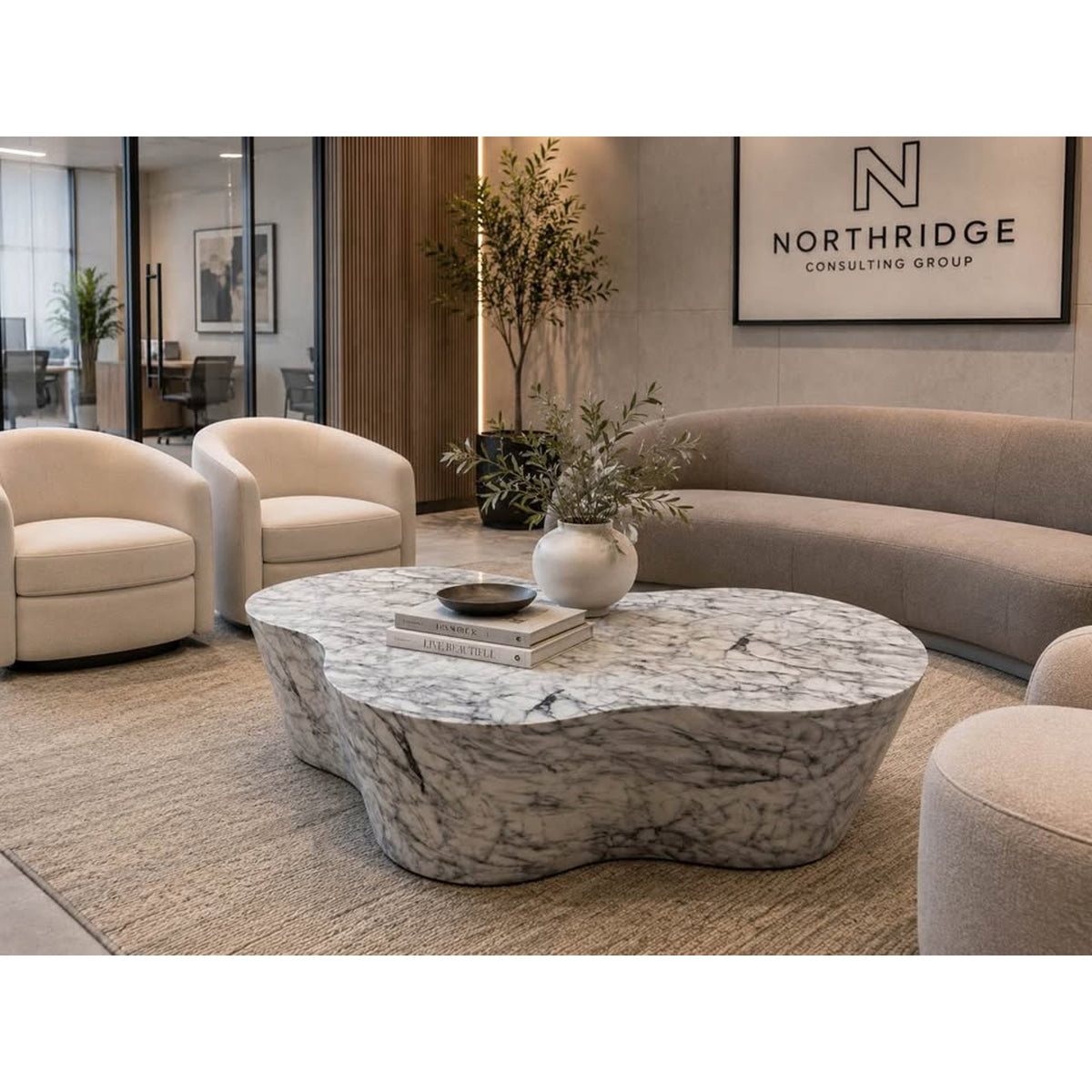 59” Sculptural Cloud Coffee Table | Faux Marble Waterfall Design | Retail $1,299 Delivery Available