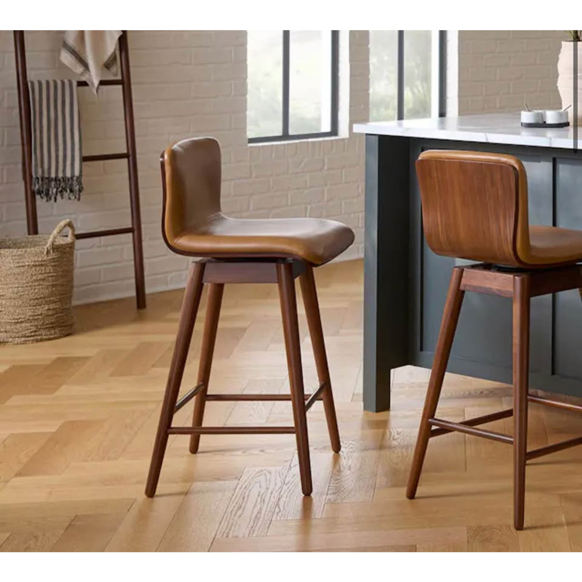 Article Sede Leather Swivel Counter Stools Set of 3 – Walnut & Toscana Tan – New Open Box - Delivery
