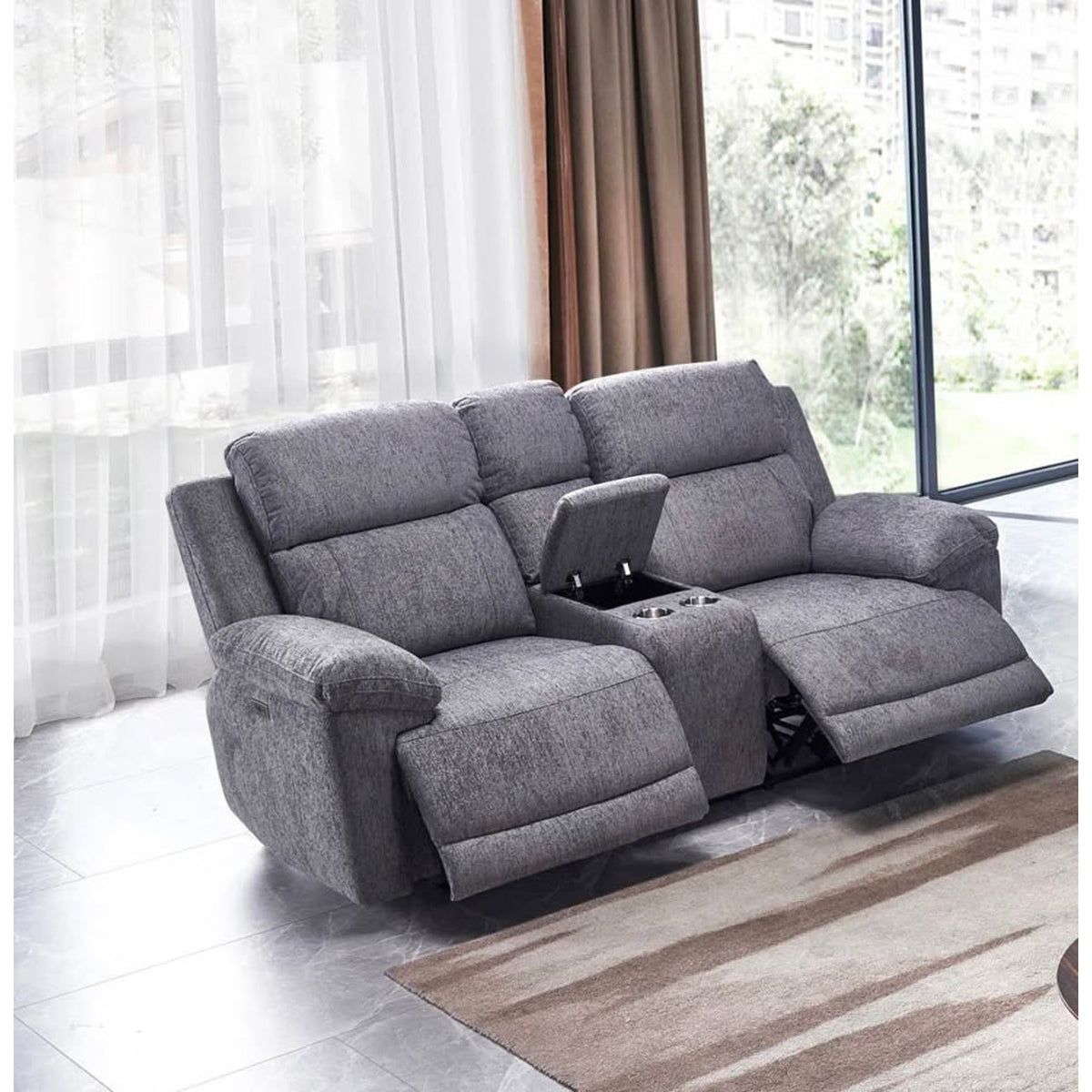 Gray Power Reclining Loveseat w/ Console – RETAIL $995 | NEW OPEN BOX | DELIVERY AVAILABLE