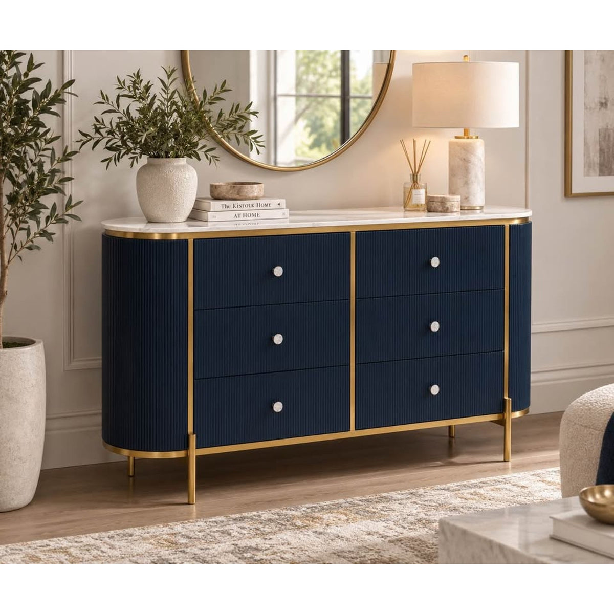 New 59” Marble Top Sideboard – Navy & Gold – Retail $4,230 – Delivery Available