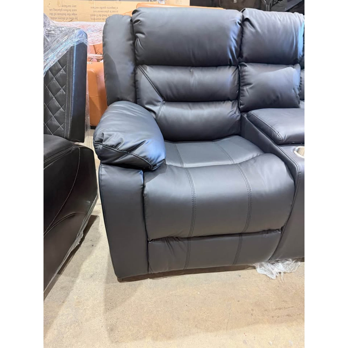 3-Piece Black Faux Leather Reclining Sectional – Storage Console – Delivery Available