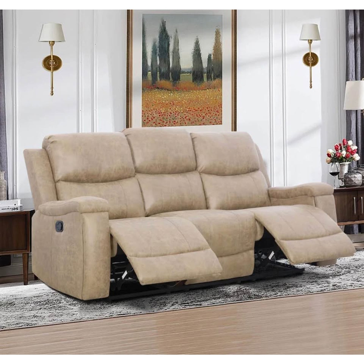 Beige Faux Leather Reclining Sofa – RETAIL $1,098.99 | NEW OPEN BOX | DELIVERY AVAILABLE