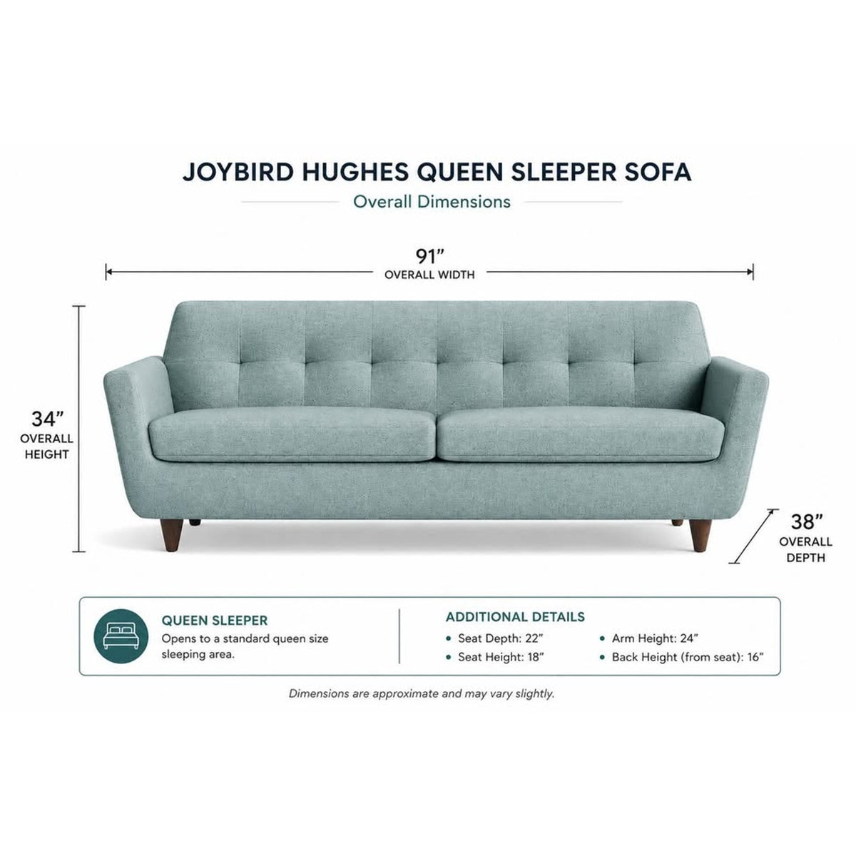 Joybird Hughes Queen Sleeper Sofa | Sea Glass Blue Fabric | Retail $3,800+ | Delivery Available