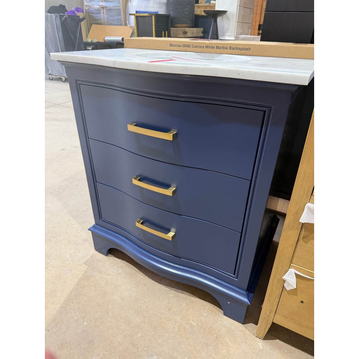 New 30” Navy Blue Bathroom Vanity – Carrara Marble Top – Retail $1,410 – Delivery Available
