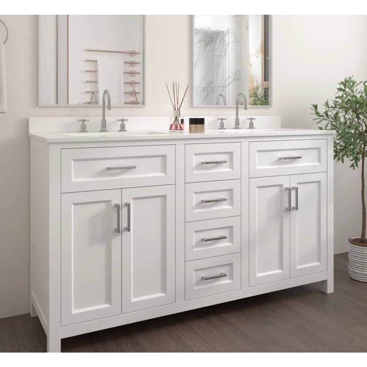 New 60” White Double Sink Bathroom Vanity with Quartz Top – New Open Box - Delivery Available