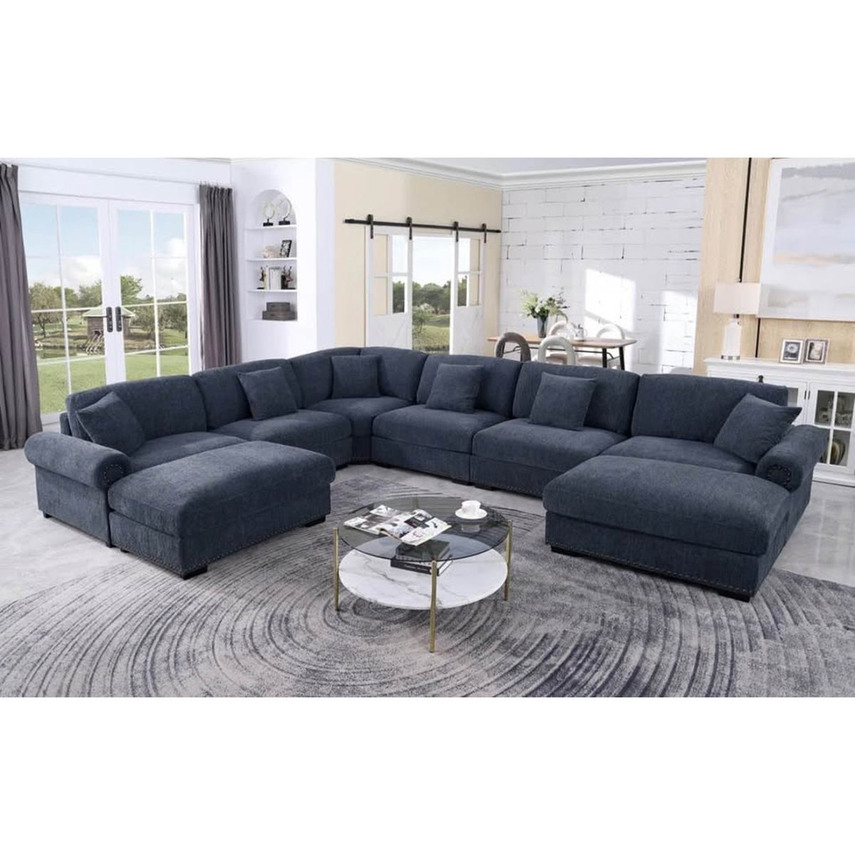Latitude Run Worthland 8 Piece Modular Sectional Sofa Dark Blue Chenille Cloud Couch Deep Seat 143”