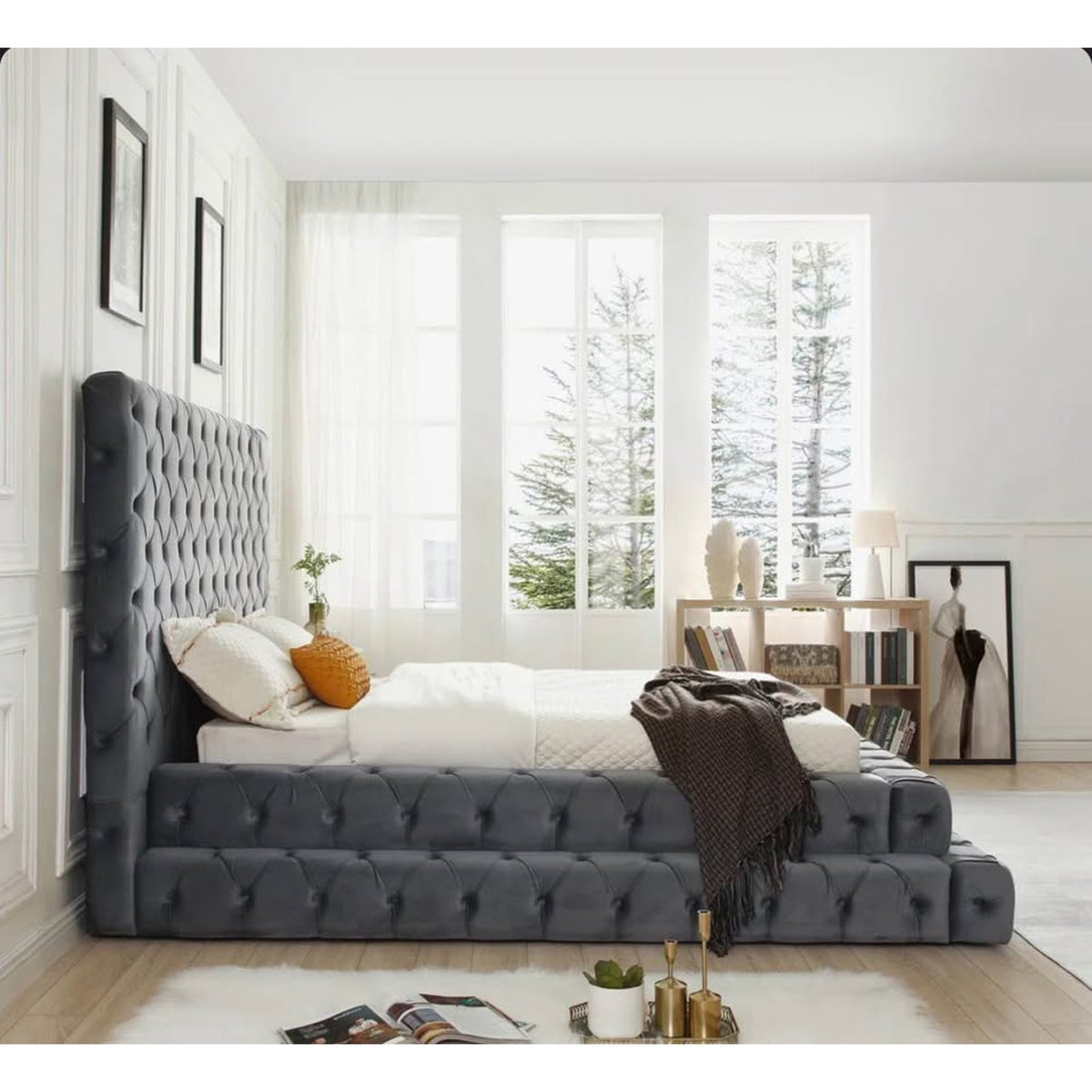 New Queen Bed Tufted Gray Velvet $3,000 Retail “open box” (3 large boxes) Delivery Available