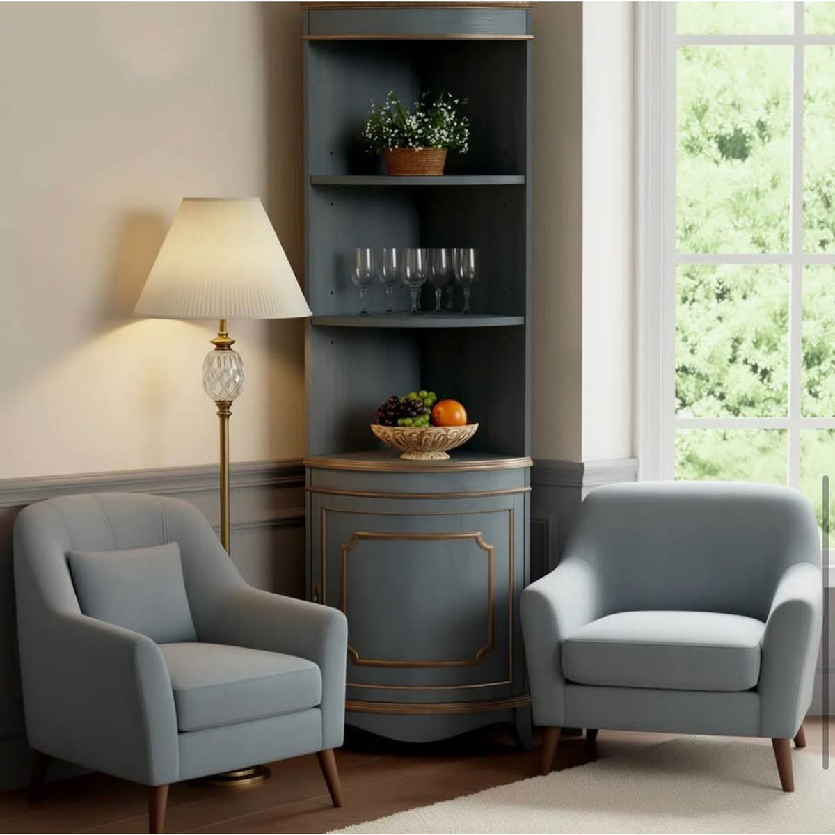 Specialty Corner Dining Cabinet – Blue Finish $1200 retail “open box” Delivery Available