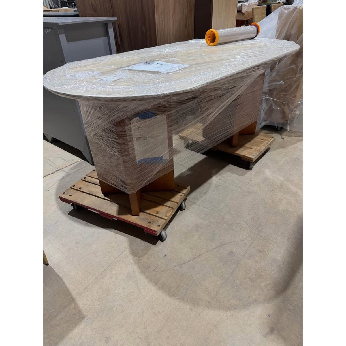 71” Oval Stone Top Dining Table | Oak Double Pedestal Base | New Open Box - Delivery Available