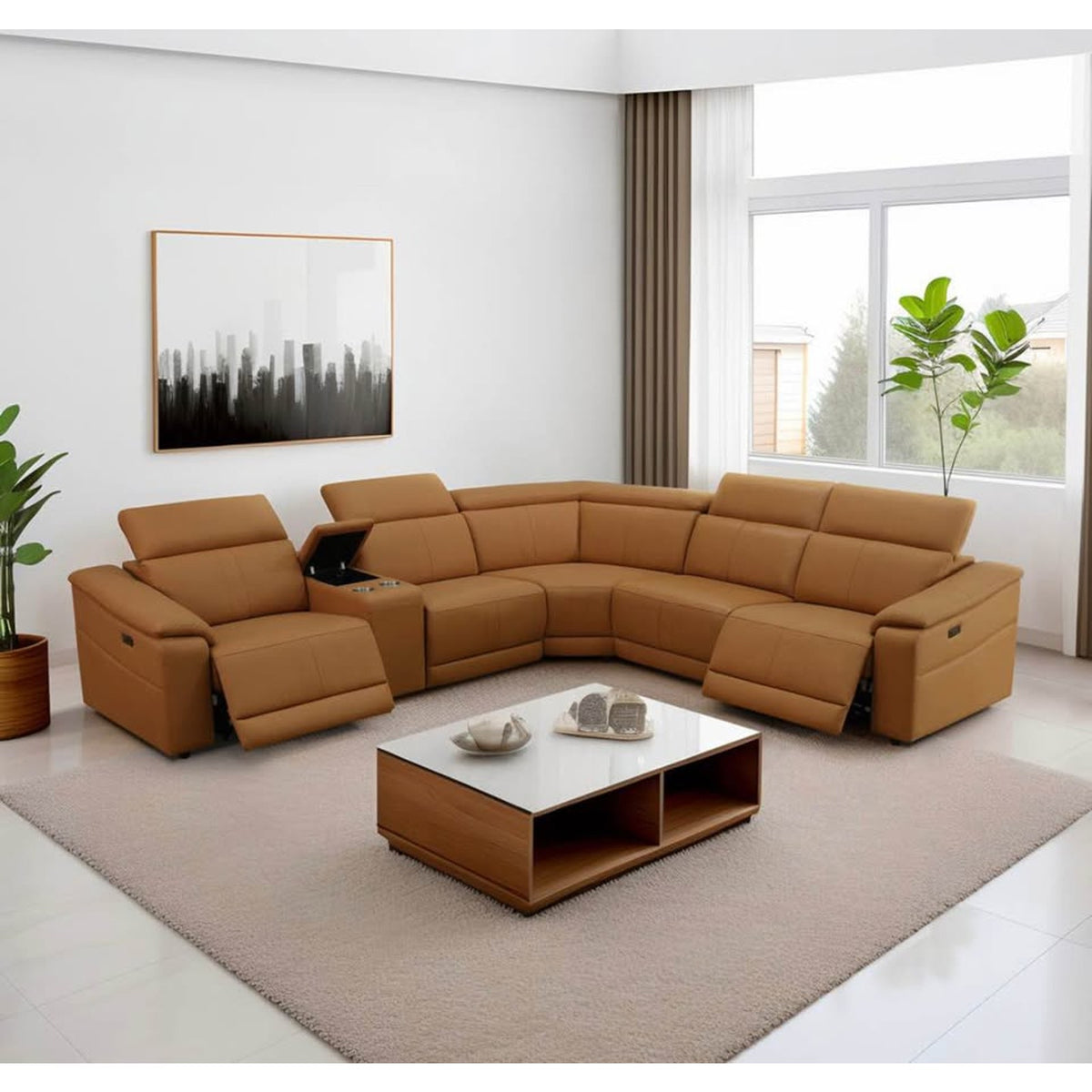 6-Piece Caramel Power Reclining Modular Sectional – Adjustable Headrests – Delivery Available