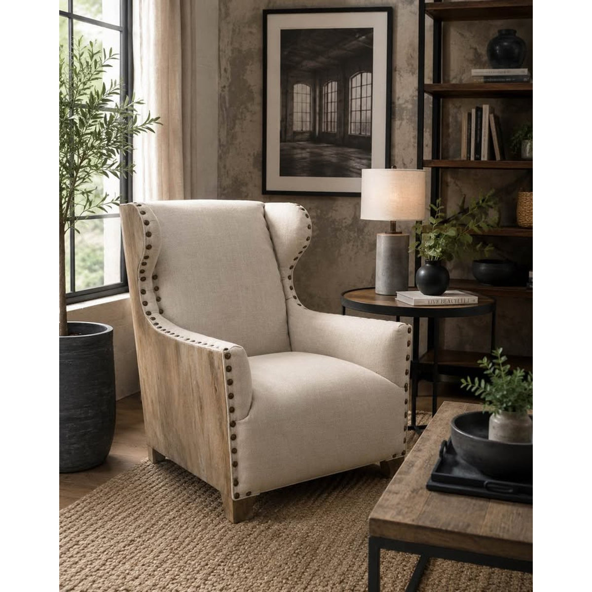 Rustic Modern Wingback Accent Chair | Natural Wood & Oatmeal Fabric - Delivery Available