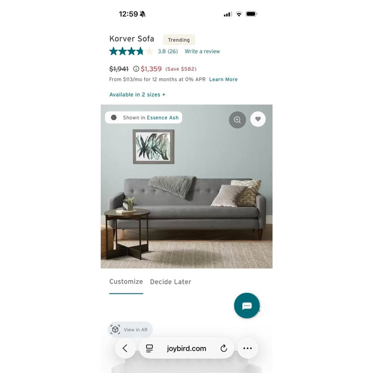Joybird Korver Sofa | New In Box | Retail $1,941 | Delivery Available