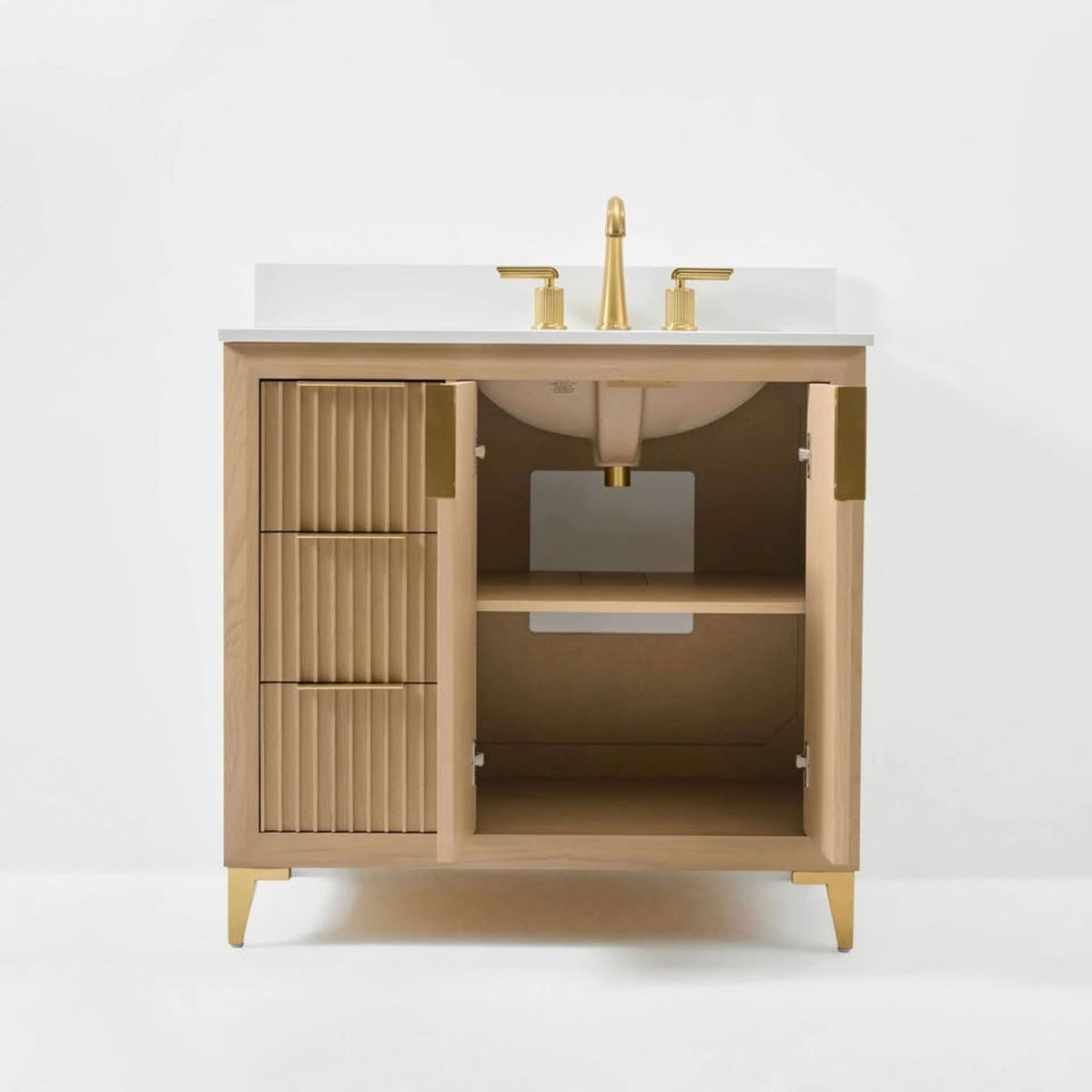 Ancerre Turlington 36” White Oak Bathroom Vanity | Right Offset Sink | Fluted Modern Design