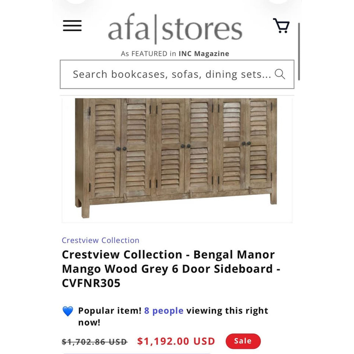 New 72” Solid Mango Wood Sideboard – Retail $2,754 – Delivery Available