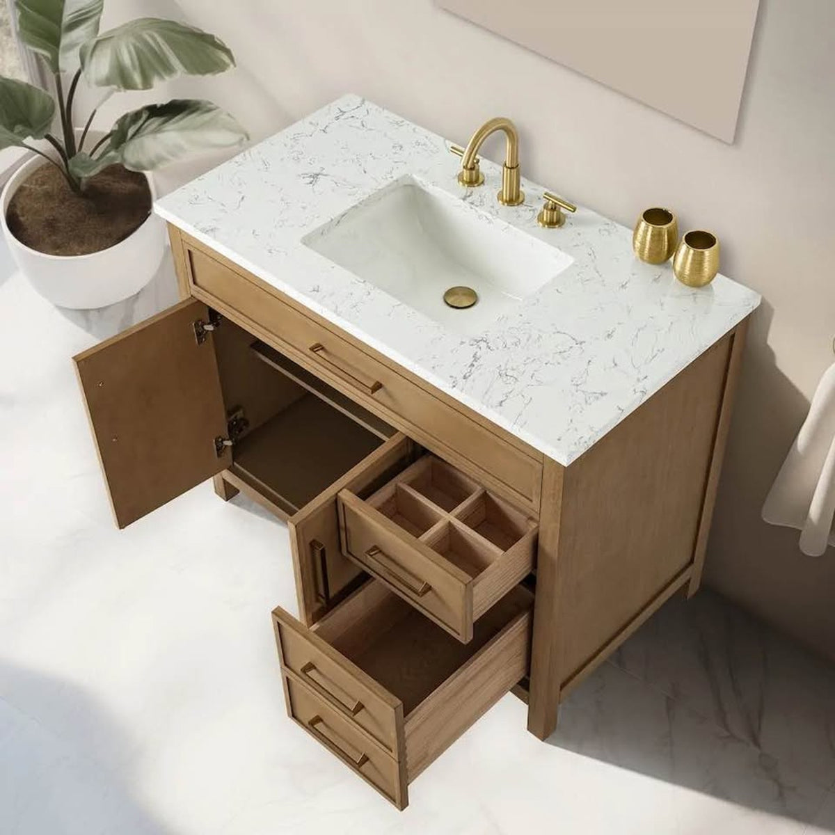 New 42” Natural Wood Bathroom Vanity with White Stone Top – New Open Box - Delivery Available