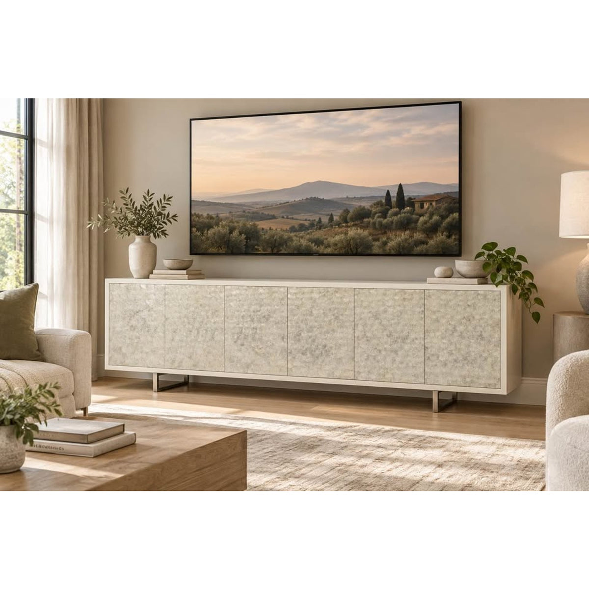 New Designer Oliver Home 112” Capiz Shell Sideboard – $6,273 Retail – Delivery Available