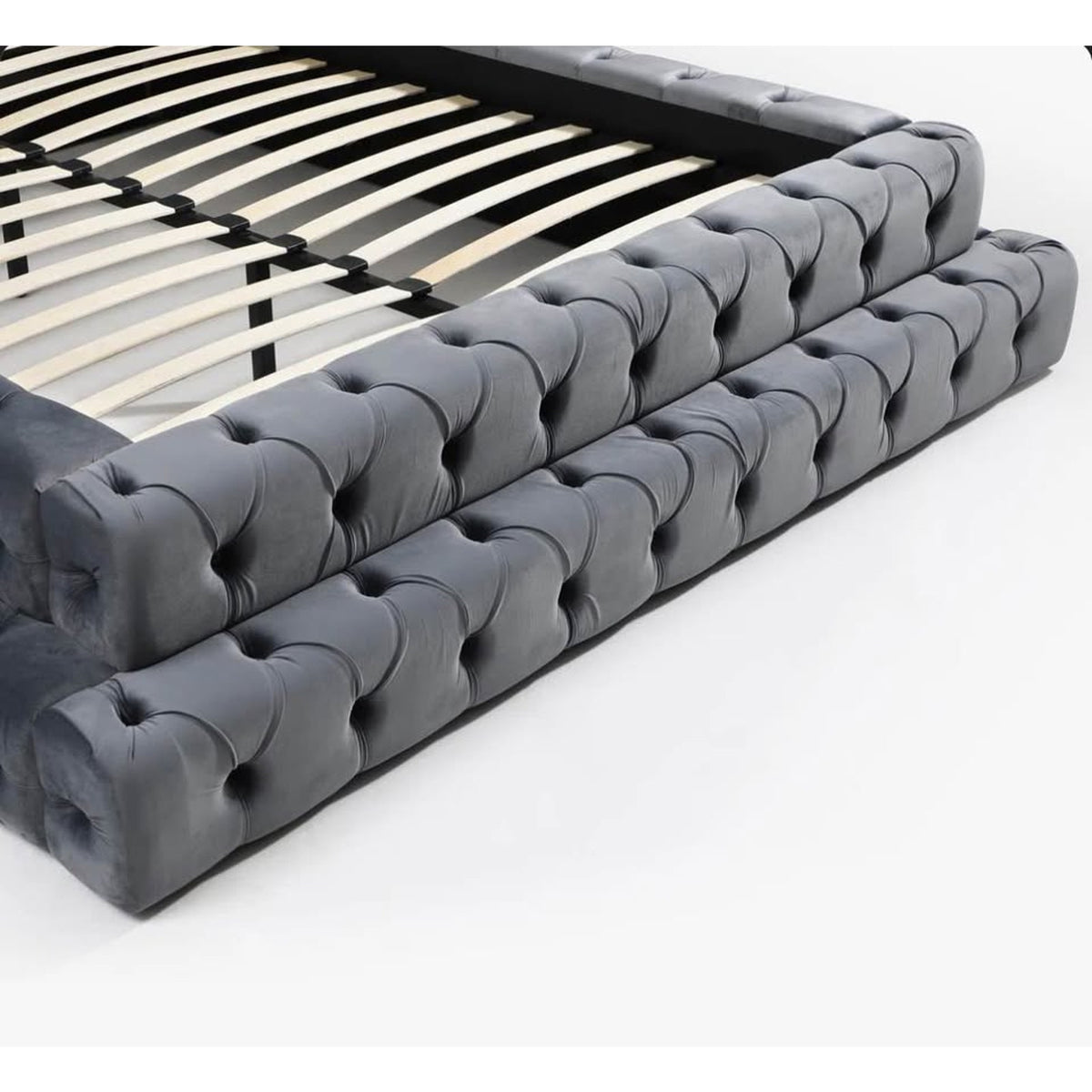 New Queen Bed Tufted Gray Velvet $3,000 Retail “open box” (3 large boxes) Delivery Available