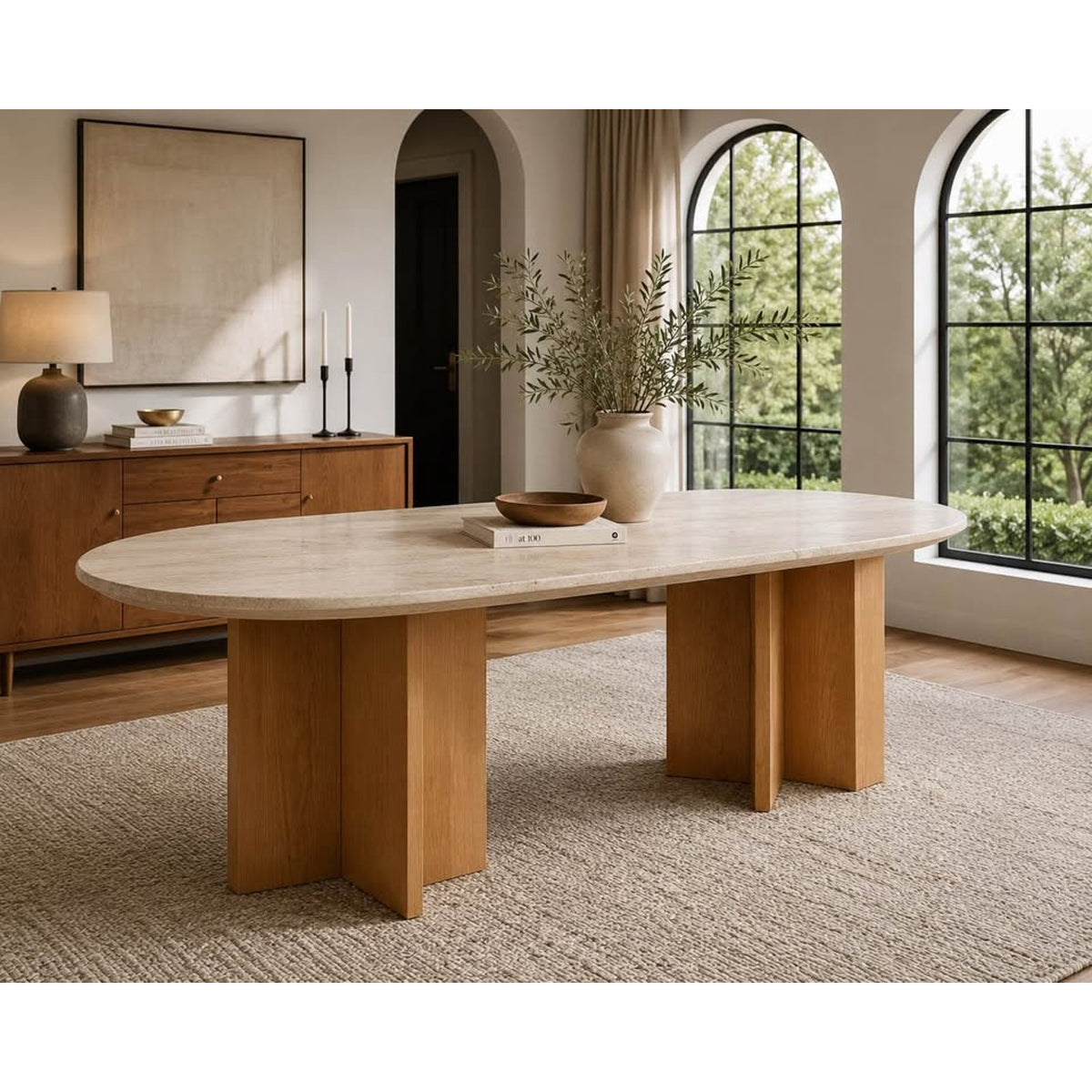 71” Oval Stone Top Dining Table | Oak Double Pedestal Base | New Open Box - Delivery Available
