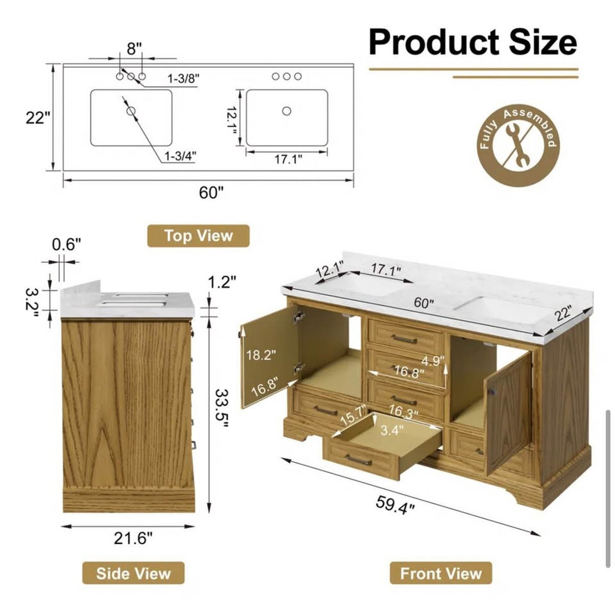 New 60” Double Sink Bathroom Vanity w/ White Stone Top – Open Box - Delivery Available