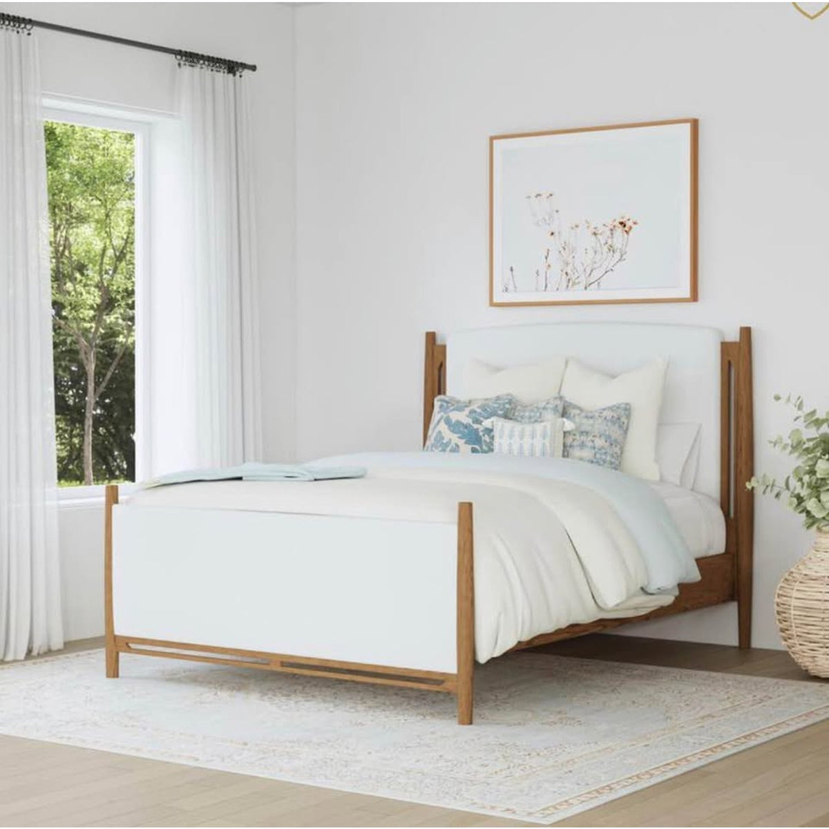 Flexsteel Verona King Upholstered Bed – Light Oak & Cream Fabric – Complete Bed Set