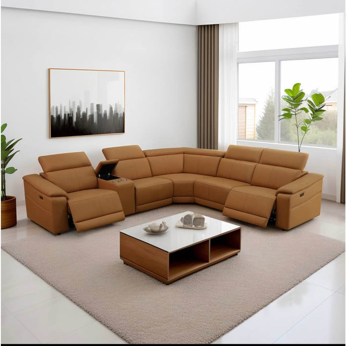6-Piece Caramel Power Reclining Modular Sectional – Adjustable Headrests – Delivery Available
