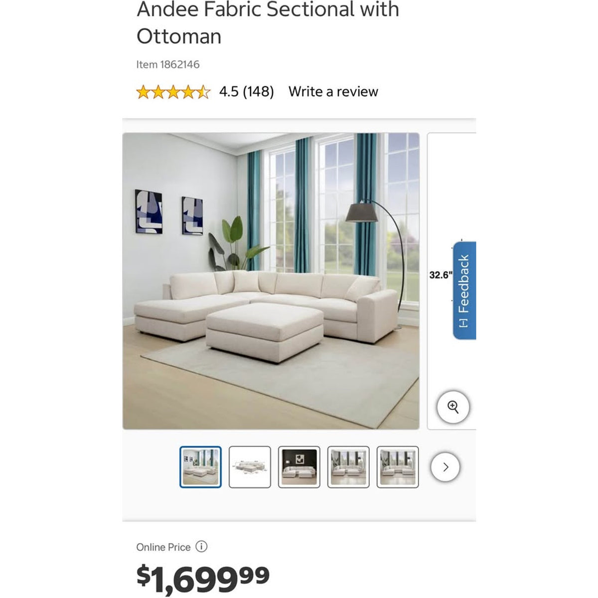 New open-box Andee Fabric Sectional with Ottoman in Beige $1699 Retail - Delivery Available