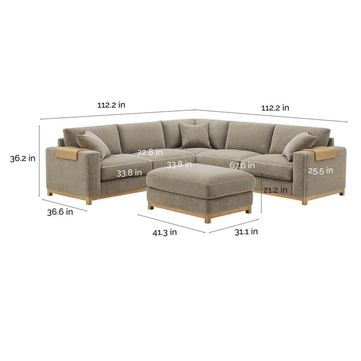 New Aiden & Ivy Hawthorne 3-Piece Sectional w/ Ottoman – Taupe | $2,349 Retail | Delivery Available