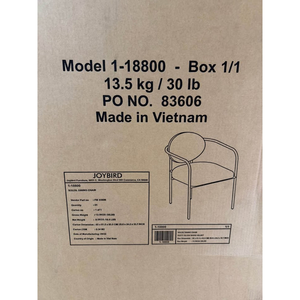 Joybird Dining Chairs (4) - New in Box - Dusty Blush (pink) Velvet & Brass Legs - Delivery Available