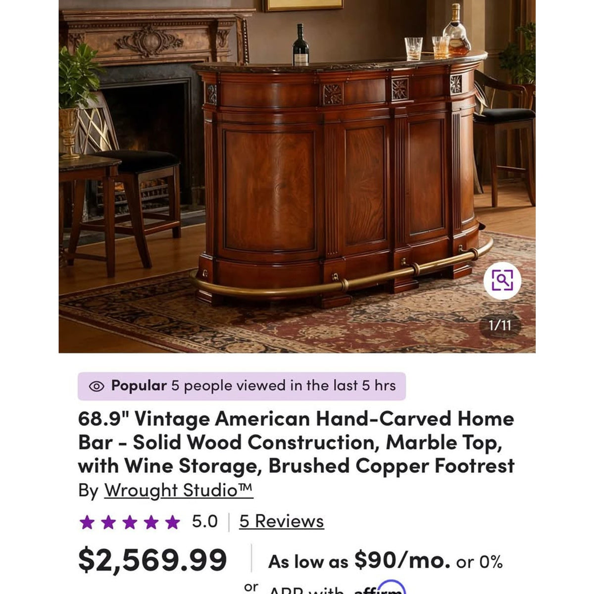 New Vintage Style Home Bar with Marble Top – $2,399 Retail – Delivery Available
