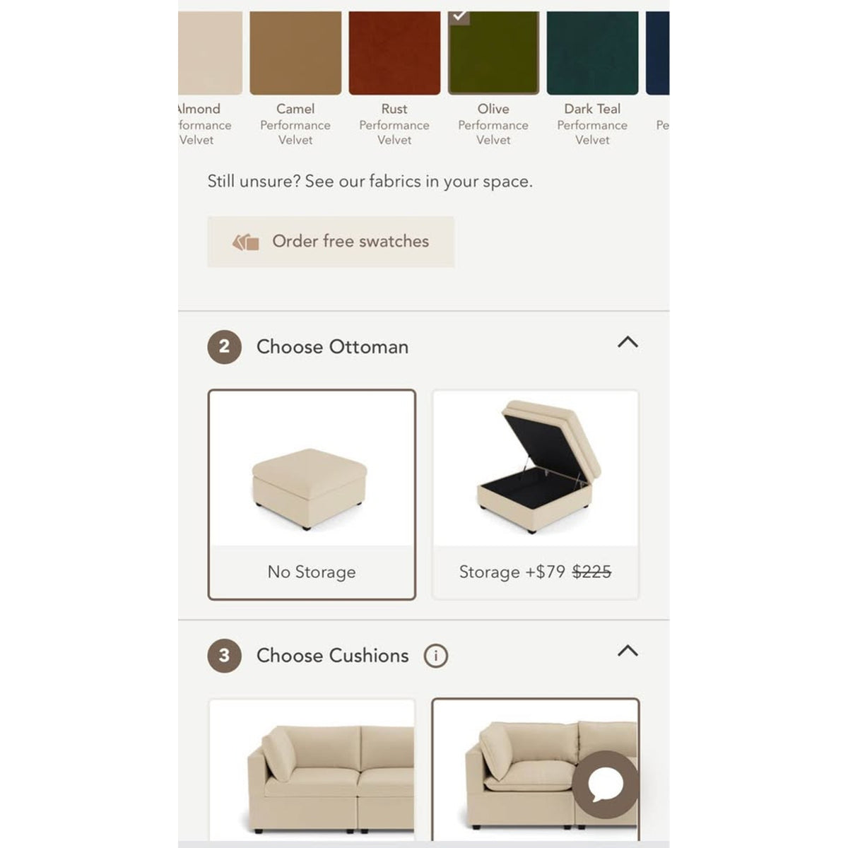Albany Park Kova Pillow Cushion Sofa + Ottoman | Olive Performance Velvet | 86” Delivery Available