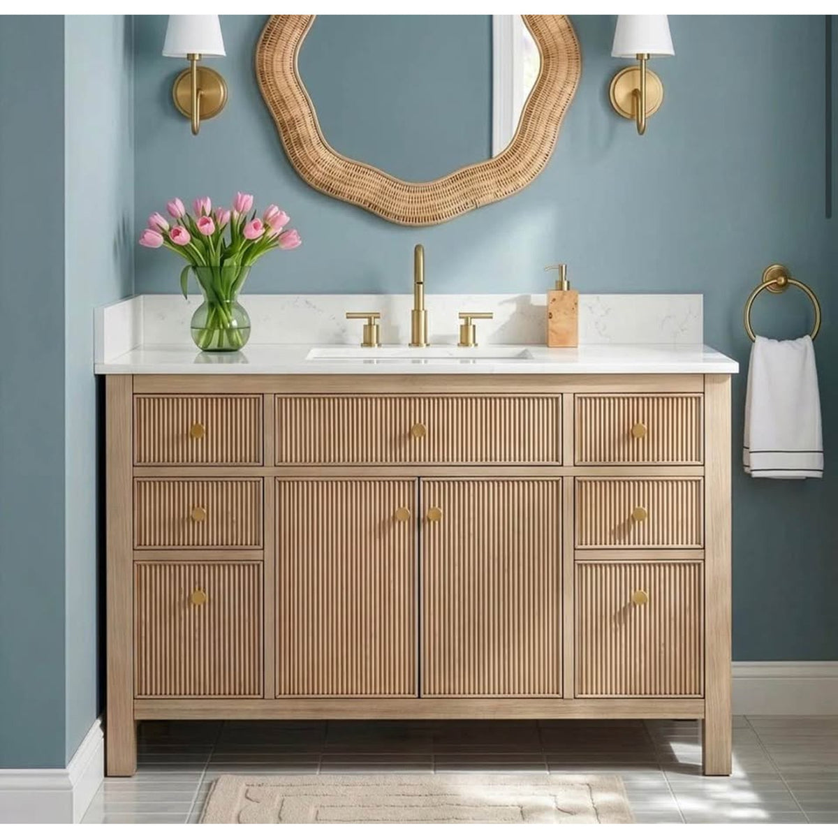 48” Natural Oak Fluted Bathroom Vanity with White Stone Top – New Open Box - Cracked Top - Delivery