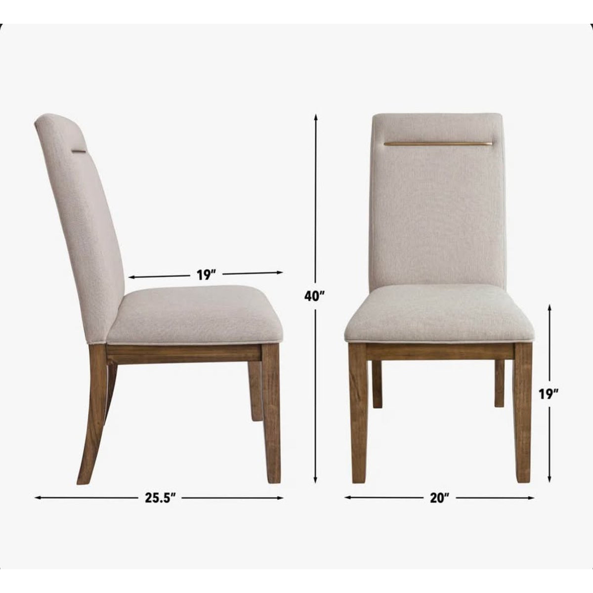 Dining Chairs (2) Beige Fabric - Toffee Wood Legs - Brass Accent - New “open box” - Delivery Avail