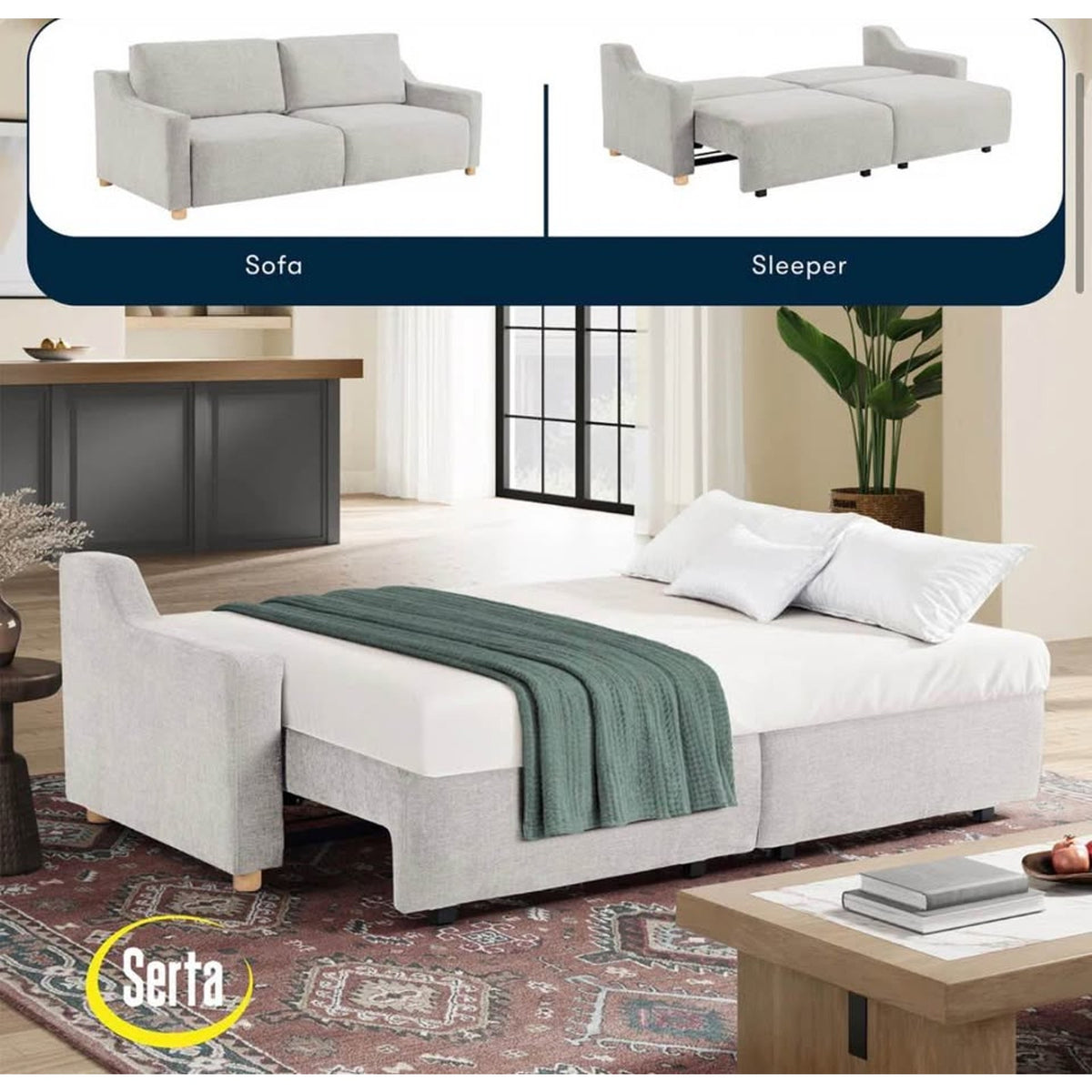 Serta Gabi Queen Sleeper Sofa – Ivory Chenille Convertible Couch 90” | Queen Bed | Delivery