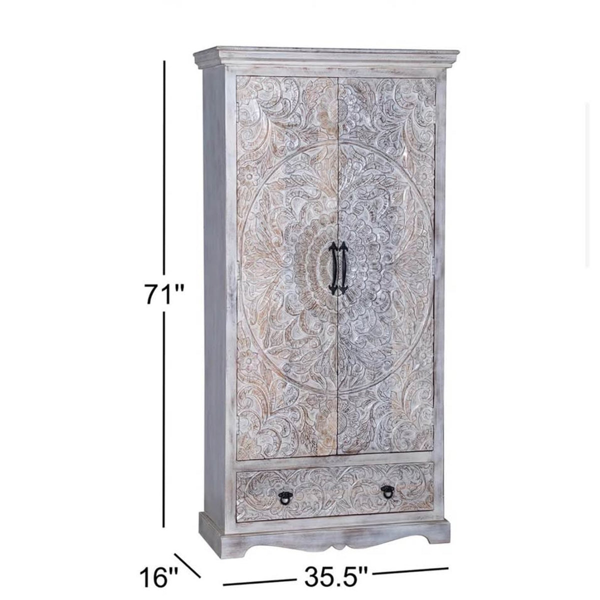 White Washed Carved Solid Wood Armoire Cabinet - Open Box - $1,600 Retail - Delivery Available