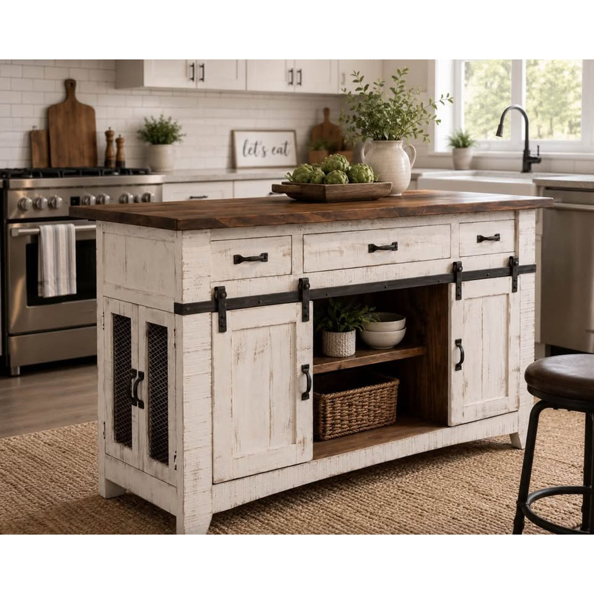 Large Farmhouse Kitchen Island with Sliding Barn Doors & Storage - Delivery Available
