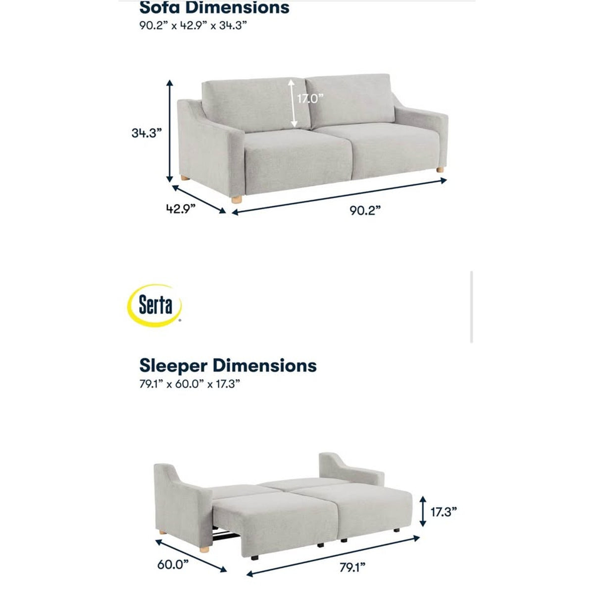 Serta Gabi Queen Sleeper Sofa – Ivory Chenille Convertible Couch 90” | Queen Bed | Delivery