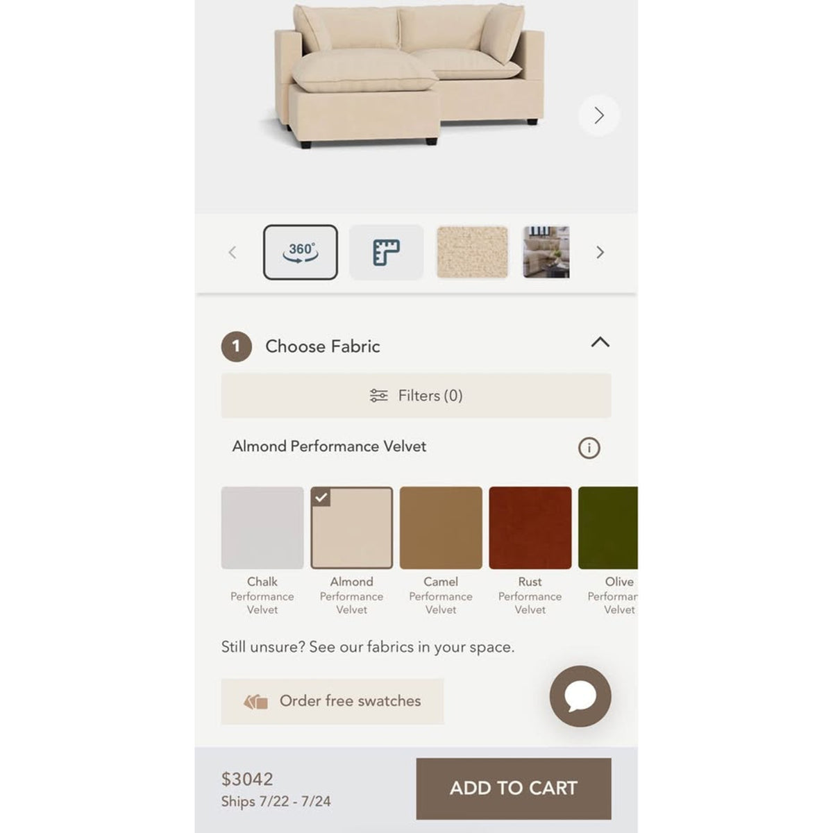 Albany Park Kova Pillow Cushion Sofa + Ottoman | Almond Performance Velvet | 86” Delivery Available