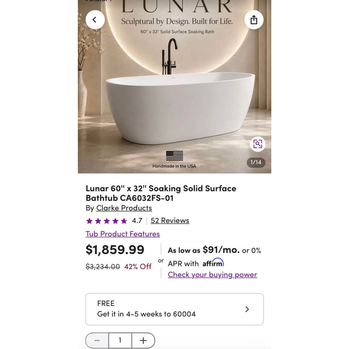 Clarke Lunar 60” Solid Surface Freestanding Soaking Tub – Retail $3,234 – Delivery Available