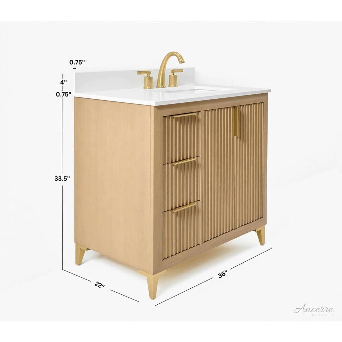 Ancerre Turlington 36” White Oak Bathroom Vanity | Right Offset Sink | Fluted Modern Design